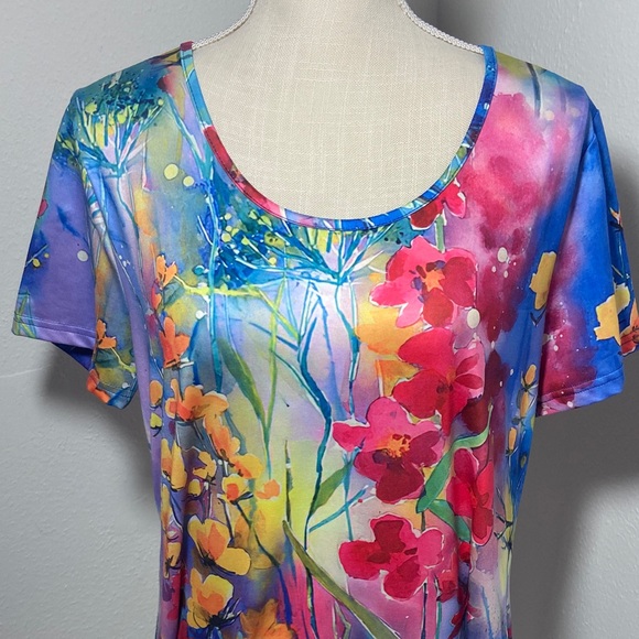 Colorful Short Sleeve Dress XL Pink Purple Yellow Floral Round Neckline Breezy - Picture 2 of 9
